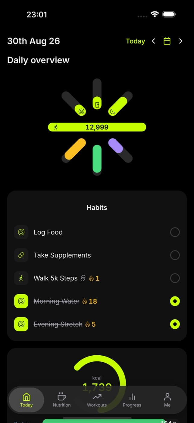 One Go Gym app holding every tracker on the Today screen