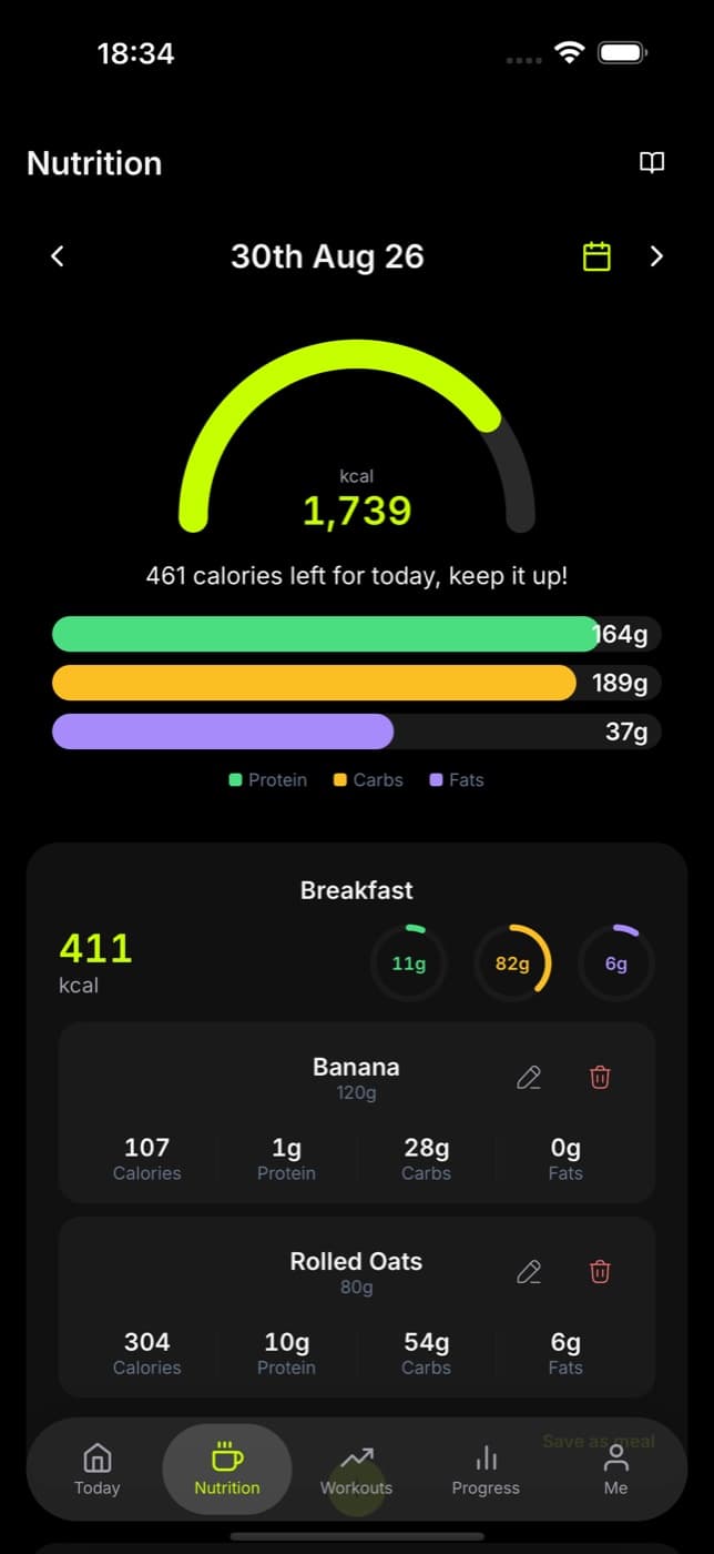 Go Gym app: Food & macros screen