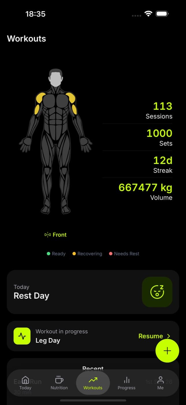 Go Gym app: Workout planning screen