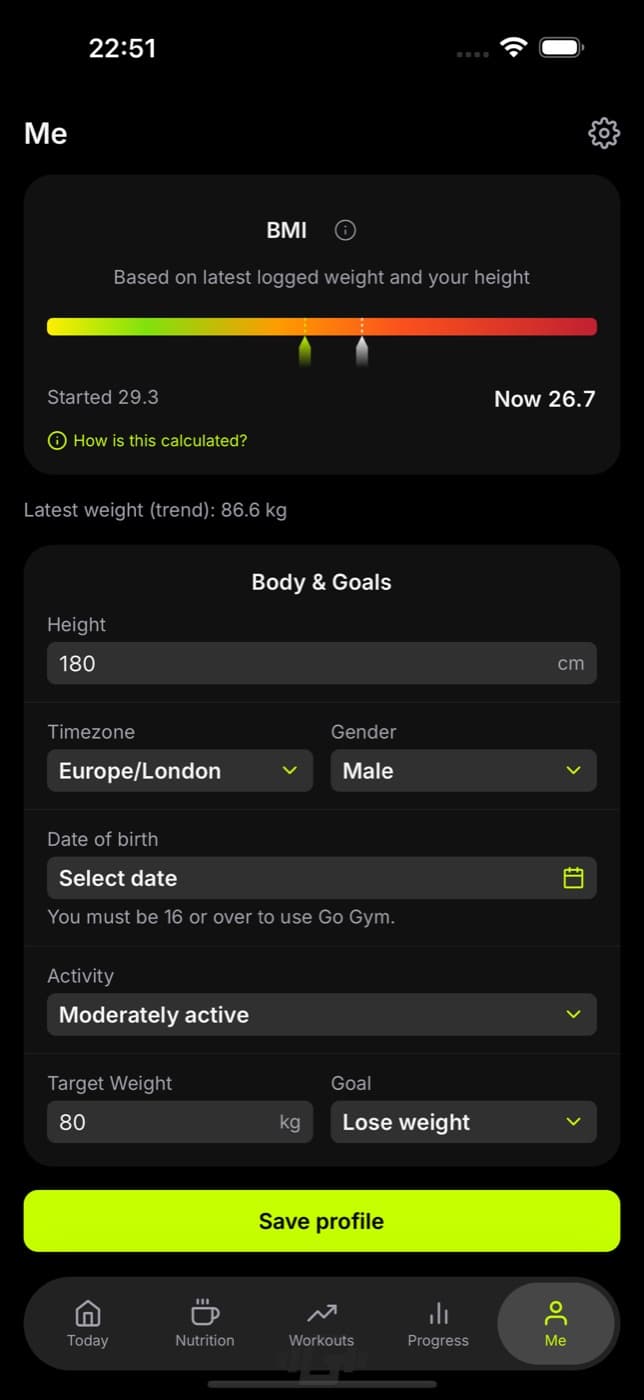 Go Gym app: Progress reports screen